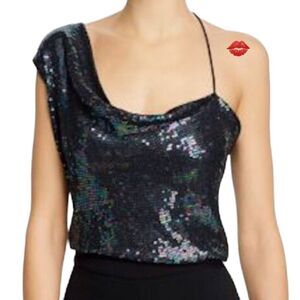 Cushnie Black Draped Neck Satin Asymmetrical Hem Sleeveless Top New Size 6